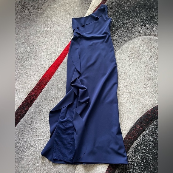 Parker Black Label Paxon Navy Ruffled One Shoulder Gown - Picture 3 of 7